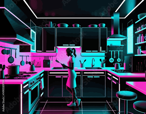 Neon Kitchen Vibes-Woman Cooking-Futuristic Home Design-Cyberpunk Kitchen Decor-Modern Kitchen Interior-Pink and Blue Neon Lighting