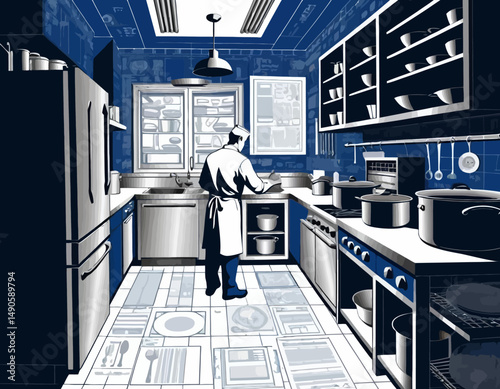 Monochrome Kitchen Design Featuring a Chef - Modern Blue and White Kitchen Illustration - Minimalist Kitchen Decor Ideas