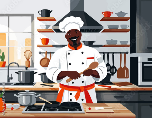 Professional Chef in Modern Kitchen Illustration- Smiling Cook with Wooden Spoon- Culinary Arts- Fine Dining Preparation- Chef at Work