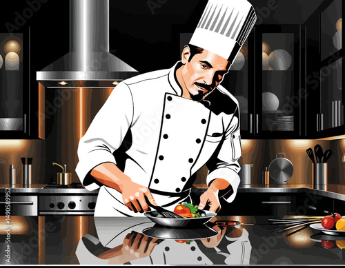 Professional Chef Prepares Gourmet Dish-Culinary Arts in Modern Kitchen-Exquisite Food Presentation by Skilled Cook-Cooking Excellence