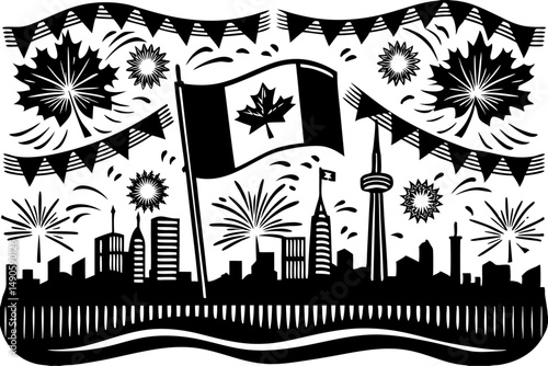 Patriotic Canada Day illustration featuring a stylized red and white Canadian flag with clean lines and a festive nationalistic atmosphere