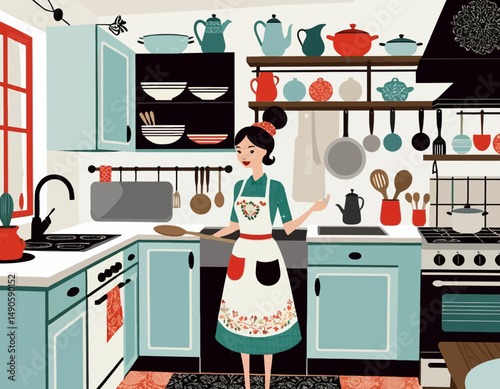 Retro Kitchen Scene_ Woman Cooking in a Charming, Illustrated Kitchen - Explore this vintage-inspired kitchen with delightful details and a touch of whimsy-perfect for home decor ideas