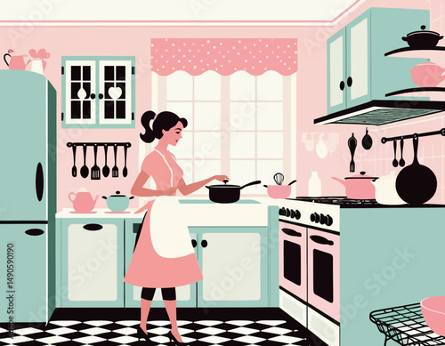 Retro Kitchen Scene-Woman Cooking-Pink and Teal Kitchen-Vintage Aesthetic-Classic Diner Style-Cheerful Home Interior-Retro Lifestyle Cooking