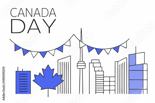 Maple leaf and skyline combination designed to express Canadian pride for Canada Day featuring a red themed cityscape with patriotic symbolism