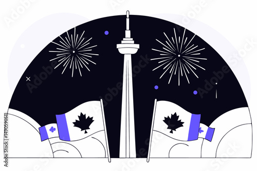 Fireworks filled skyline celebrating Canada Day in a surreal imaginative setting ideal for national event posters or themed social media graphics