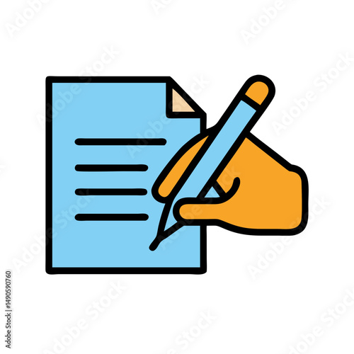 Hand Holding Pen Writing on Blue Document Stock Icon