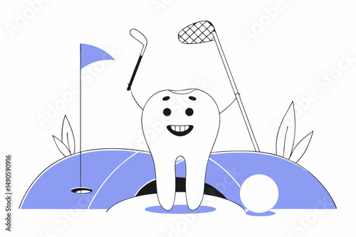 Anthropomorphic Tooth Cartoon Holding a Golf Club in a Funny and Creative Style