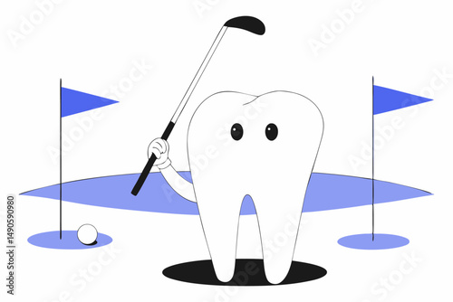 Smiling Tooth Character with a Golf Club in Hand in a Humorous Cartoon Drawing