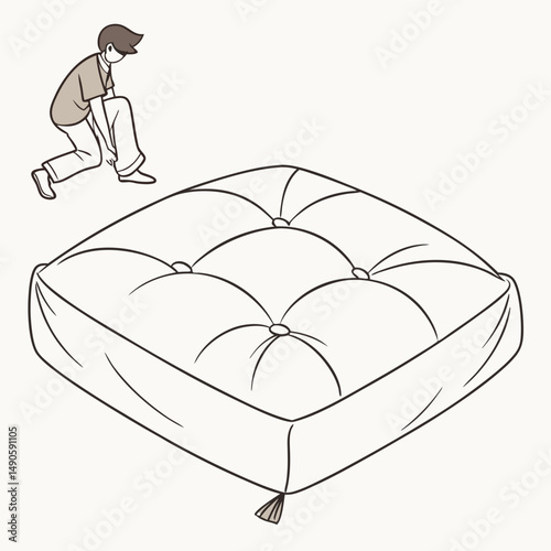 Person placing tufted square floor cushion on white background