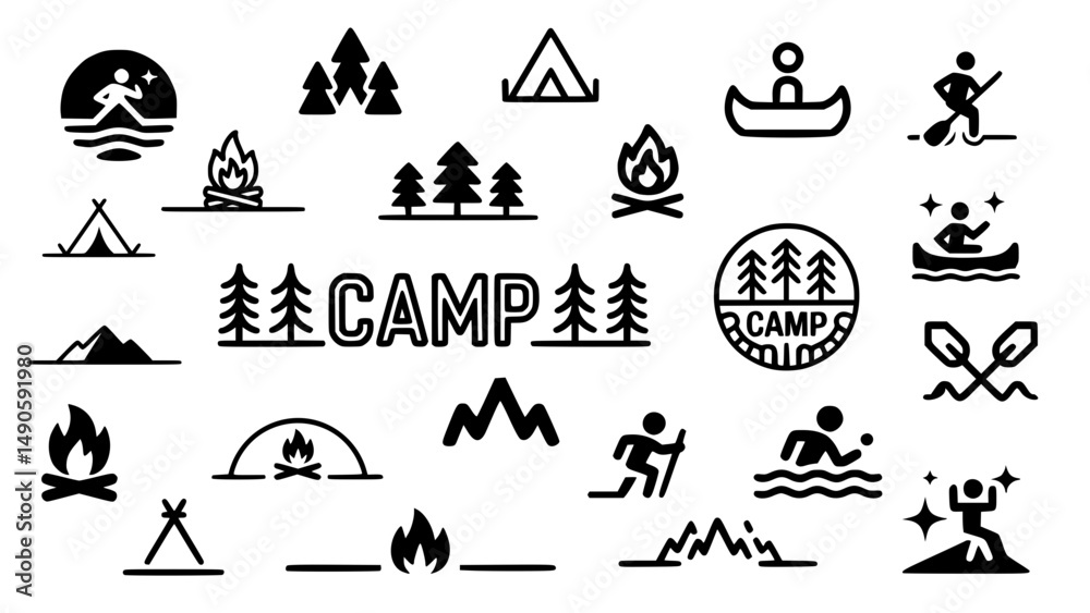 Fototapeta premium Comprehensive outdoor activities icon set with camping, hiking, water sports, adventure symbols, and wilderness recreation graphics