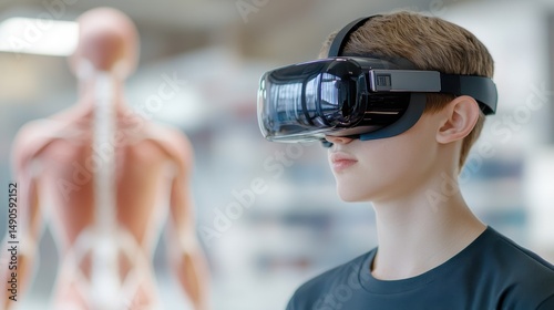 A young person wearing a VR headset explores virtual anatomy with a human model in the background.