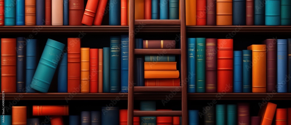 Fototapeta premium A colorful bookshelf filled with neatly arranged books and a wooden ladder in the center.