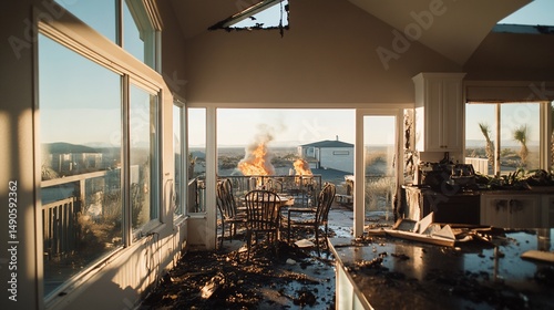 Sunlit room's interior shows fire damage, soot, and water, with a view of flames outside through large windows