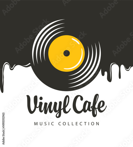Vector menu or banner for music cafe with old vinyl record with vinyl cafe inscription on the background of spreading caramel or chocolate in vintage style. Music collection. No ai used