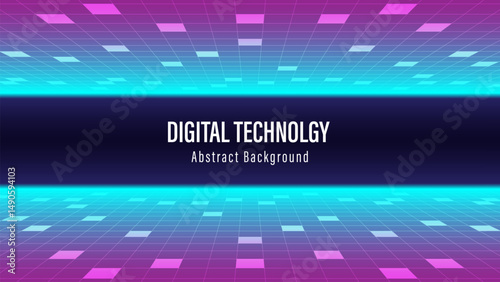 Abstract Digital Technology or Science Background. Neon light with perspective grid. Digital space wireframe landscape. Hi-tech and Sci-Fi background. Retro cyberpunk style 80s. Vector illustration.