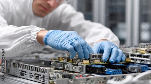 Technician Working in Cleanroom with Computer Hardware Components