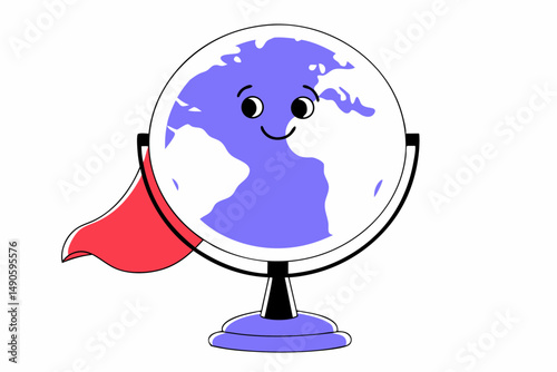 Adorable cartoon earth globe with a cute smiling face wearing accessories, designed to promote environmental awareness with a friendly and approachable look