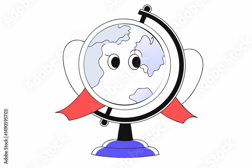 Smiling cartoon earth globe with various accessories, offering a fun and approachable way to teach kids about the planet and global responsibility