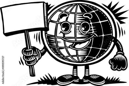 Friendly cartoon globe holding a blank sign with a playful and whimsical style, perfect for adding personalized messages or educational content