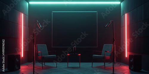 Podcast space with two hosts and microphones in front of a dark backdrop, ideal for streaming Stock photo