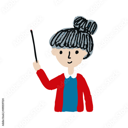 Teacher Character With Pointer Stick In Hand Drawn Doodle Style. Educational Concept. Isolated Vector Illustration
