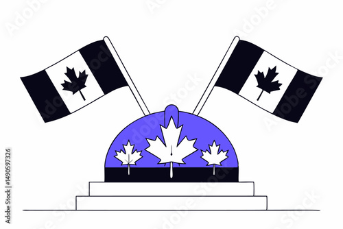 Elegant crown adorned with maple leaves symbolizing Canada and Victoria Day celebration accompanied by waving flags for a patriotic and festive design