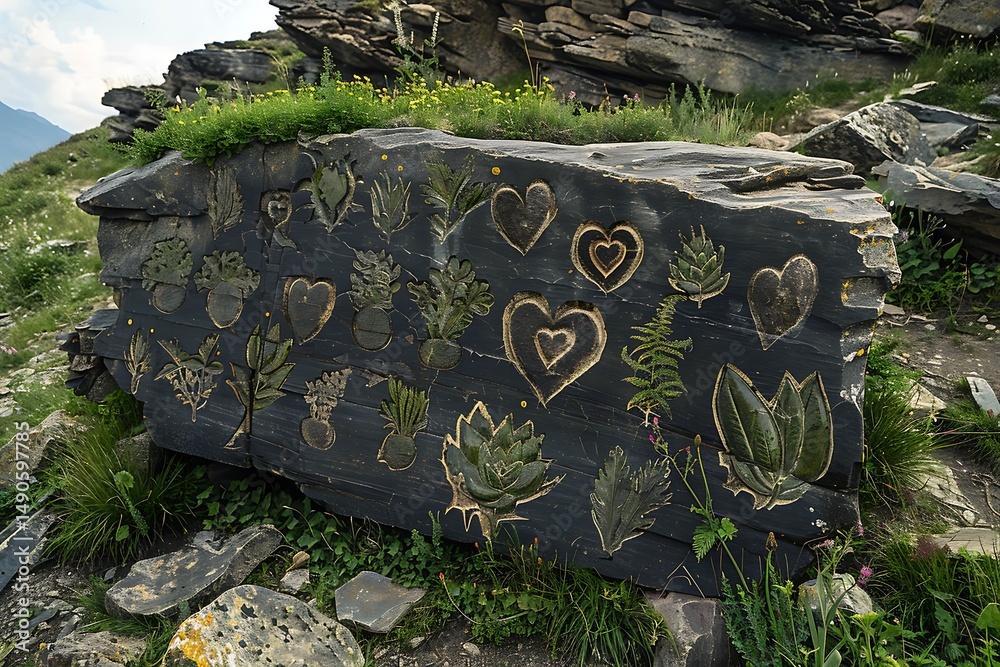 stone motifs carved into ancient Plant stone motifs carved into ancient Plant