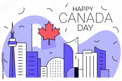 Detailed cityscape urban skyline illustration highlighting the 1st of July celebrations with vivid red hues representing vibrant city life and events