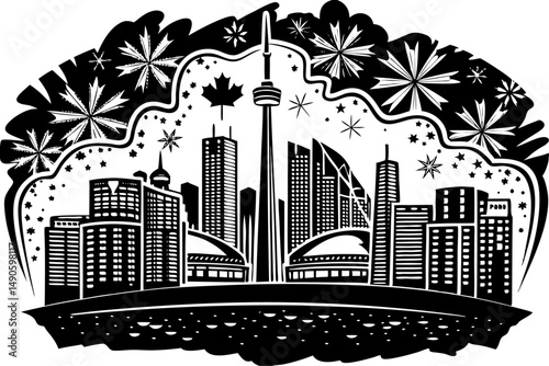 Vibrant urban skyline detailed cityscape illustrating the 1st of July festivities with red highlights emphasizing national pride and city life energy