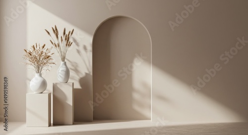 Minimalist aesthetic still life with arched wall opening and vases in soft natural light for art product presentation