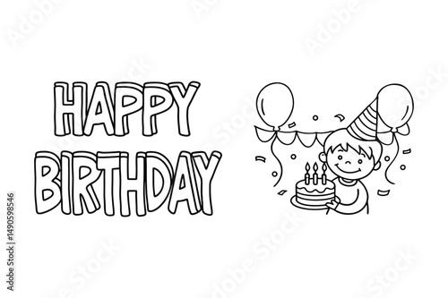 Child with Cake, Balloons, and Pennant Banner - Coloring Page