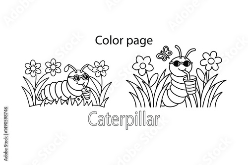 Cool Caterpillar Coloring Page – Line Art with Sunglasses, Drink, Flowers And Grass