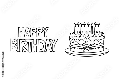 Happy Birthday, Outline Text with Birthday Cake - Coloring Page
