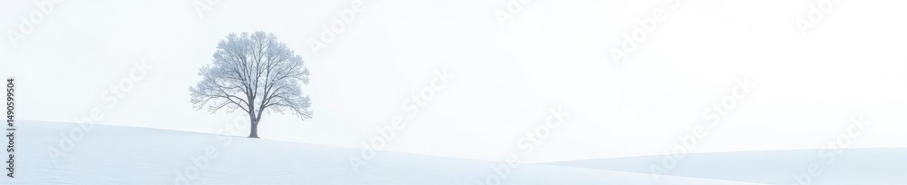 Fototapeta premium Snowy landscape with a single tree on white background, solitude, trunk