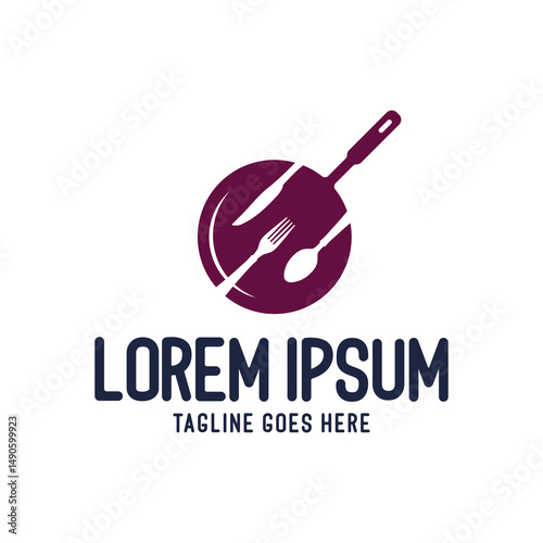 Frying Pan with Spoon Fork Knife for Restaurant Catering Recipe Chef Food Logo
