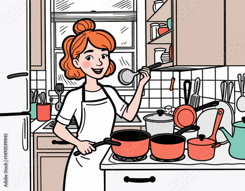 Cartoon Woman Cooking in Kitchen-Illustration of Smiling Chef with Pots and Pans-Fun and Colorful Home Scene-Perfect for Food Blogs & Recipes