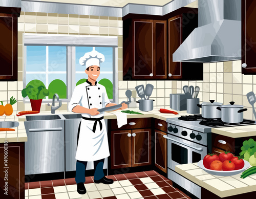 Chef Cartoon Character in Kitchen Illustration-Professional Cook with Rolling Pin Preparing a Meal-Culinary Expert Ready to Bake-Kitchen Scene with Fresh Vegetables