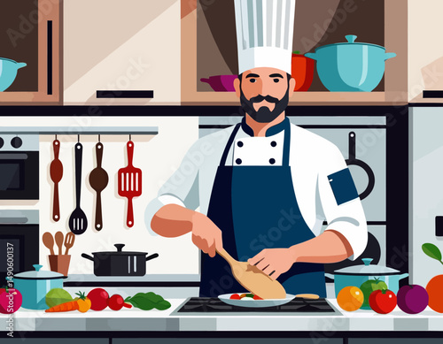 Chef Cooking Fresh Vegetables-Professional Cook in Modern Kitchen-Healthy Meal Prep-Culinary Arts and Delicious Food-Inspiring Recipe Ideas