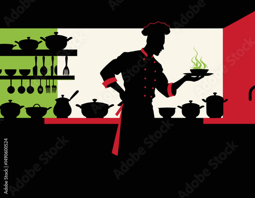 Chef Serving Dish Silhouette-Kitchen Scene with Pots and Pans-Culinary Art Illustration-Fine Dining Concept-Restaurant Decor Idea-Modern Graphic Design