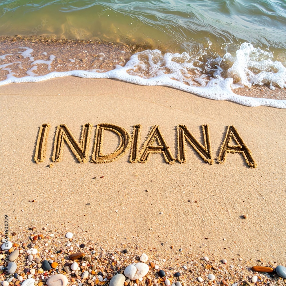Fototapeta premium Indiana beach sand writing with coastal waves and pebbles