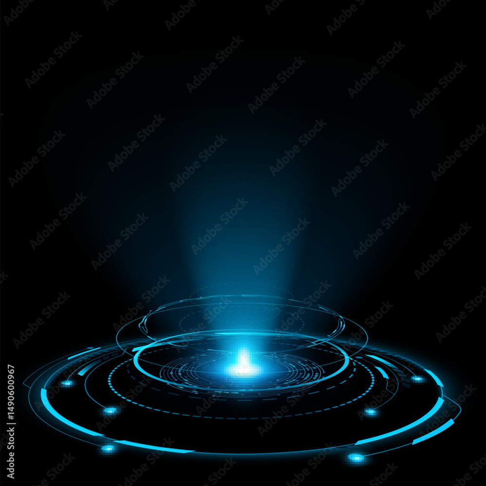Digital HUD circle with holographic beam on black background for technology concept. Futuristic sci-fi ring. Tech element for UI and GUI design. Vector illustration