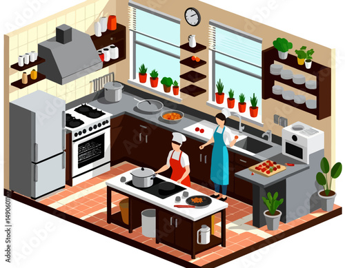 Isometric Kitchen Scene - Chefs Preparing Food - Modern Kitchen Design with Appliances and Decor - Cooking and Culinary Arts Concept