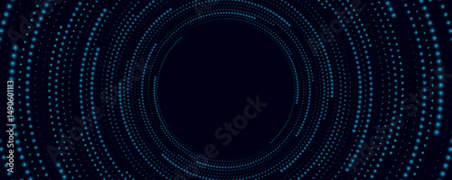 Abstract swirling digital circles of glowing blue dots on black background. Big Data visualization into cyberspace. Futuristic technology frame. Vector illustration