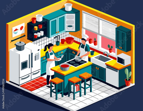 Isometric Kitchen Scene-Two Chefs Cooking-Bright and Colorful-Modern Kitchen Design-Culinary Arts Illustration-Home Cooking Inspiration-Creative Kitchen Layout-Cooking Together-Apartment Living Style