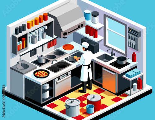 Isometric Kitchen Scene-Chef Preparing Food-Clean and Organized Commercial Kitchen-Restaurant or Catering Illustration-Bright Colors-Modern Design Style