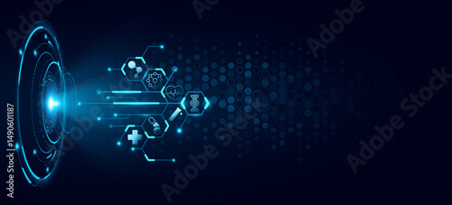 Futuristic HUD circle with holographic chart of connected hexagons and health care icons. Medical technology background. Digital health insurance concept. Vector illustration