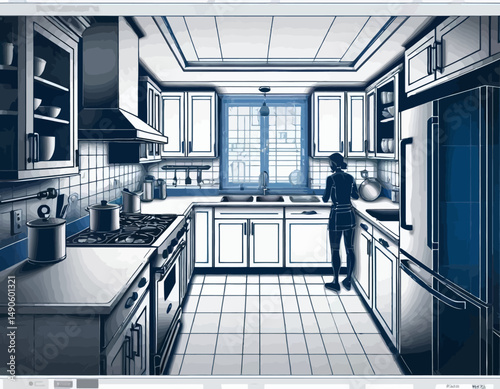 Modern Kitchen Design Blueprint Illustration-Interior Architecture-Kitchen Layout with Woman Figure-Stylized Kitchen Interior-Home Design Concept
