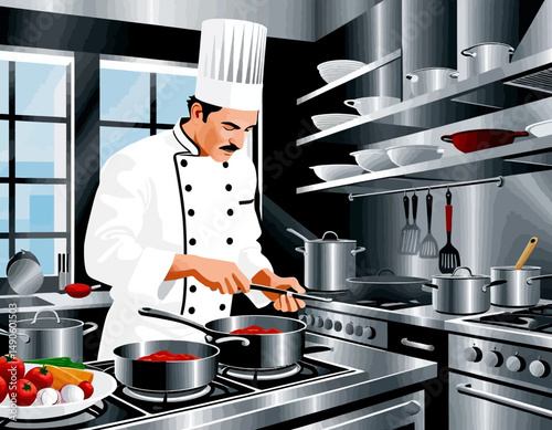 Professional Chef Cooking Delicious Food in Commercial Kitchen-Culinary Expert Preparing Meal-Restaurant Kitchen Scene with Pots and Pans-Chef at Work