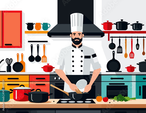 Professional Chef Cooking in Modern Kitchen-Illustration of a Bearded Cook Preparing Food-Culinary Arts & Healthy Eating Concept-Colorful Kitchen Design Elements