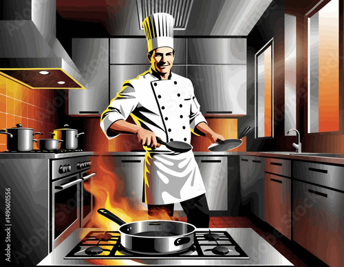 Professional Chef Cooking in Modern Kitchen - Culinary Arts Illustration - Restaurant Quality Food Preparation at Home - Master Chef at Work